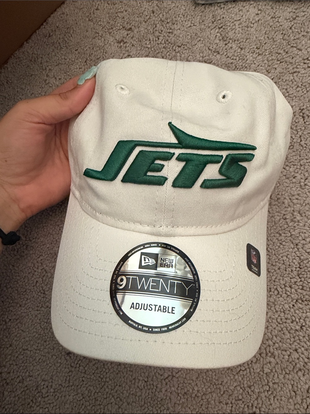 NFL New Era White Hat with Green Jets Logo